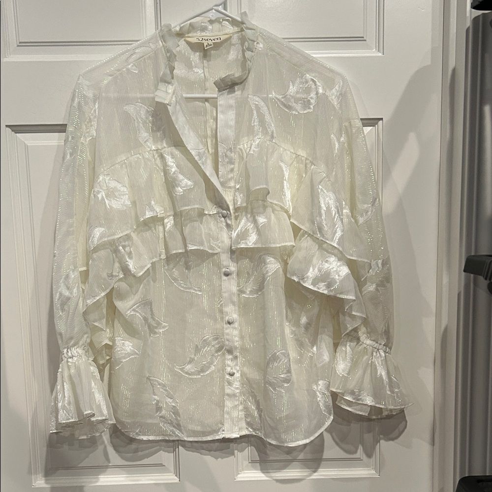 52seven Cream Sheer Ruffled Blouse size large